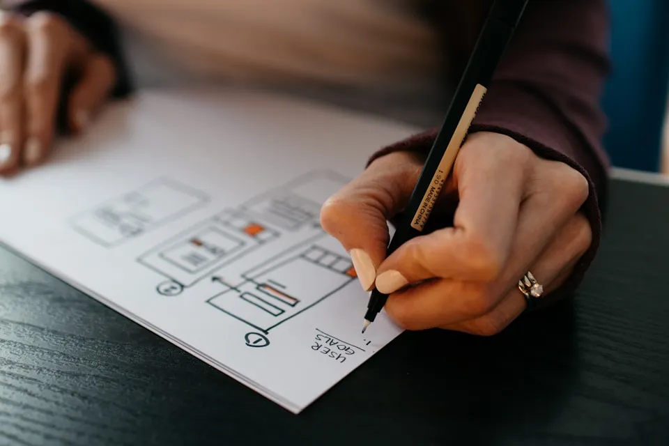Two monitors on a desk showing UI wireframes and dashboard layouts.